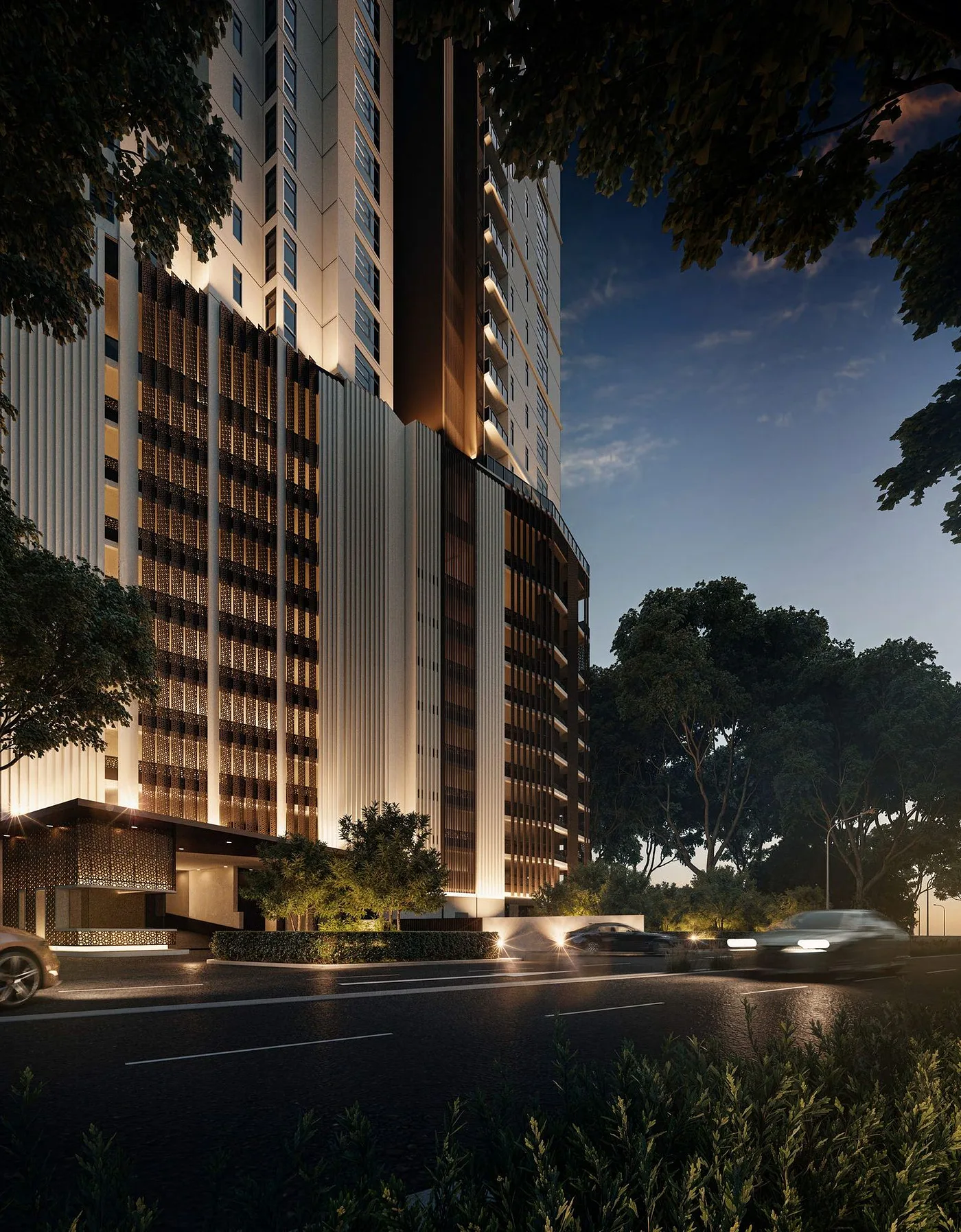 Cantonment Residences tower rising above the trees of Pulau Tikus